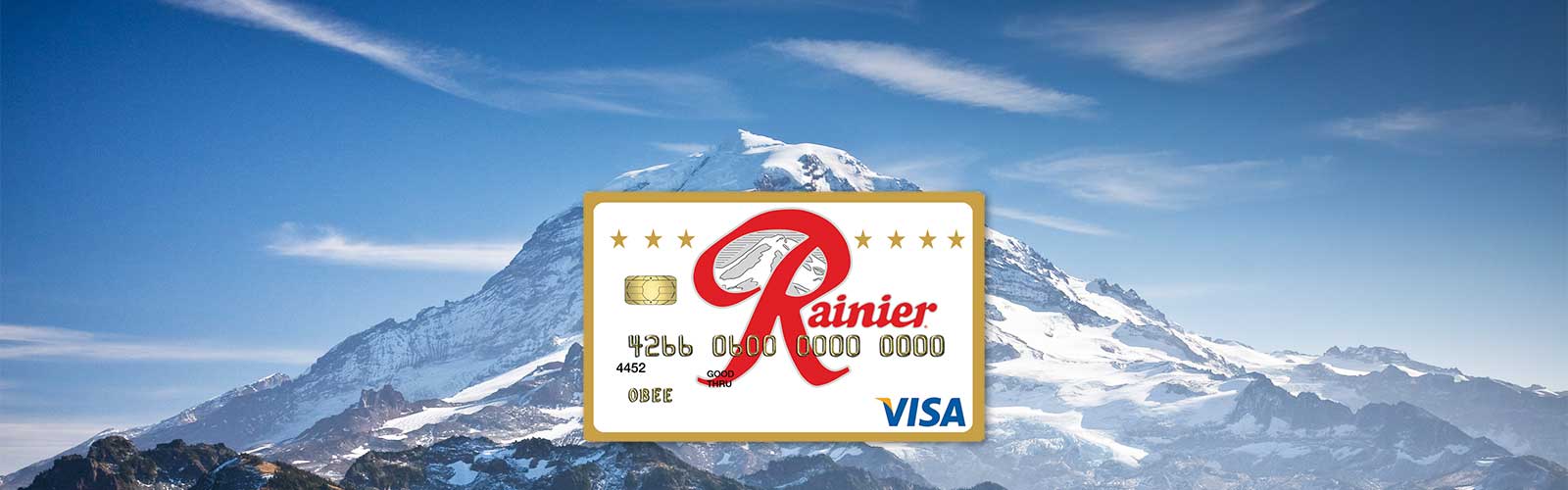 Mount Rainier photo with Rainier beer credit card design, Credit Card, Best Credit Cards, Credit cards with rewards and cash back. PBR Pabst Blue Ribbon visa card. Visa with Rainier beer logo. Washington state Visa card. Olympia Brewery Visa card. Lone Star Visa card, Scorecard Rewards, Scorecard Rewards Credit Card