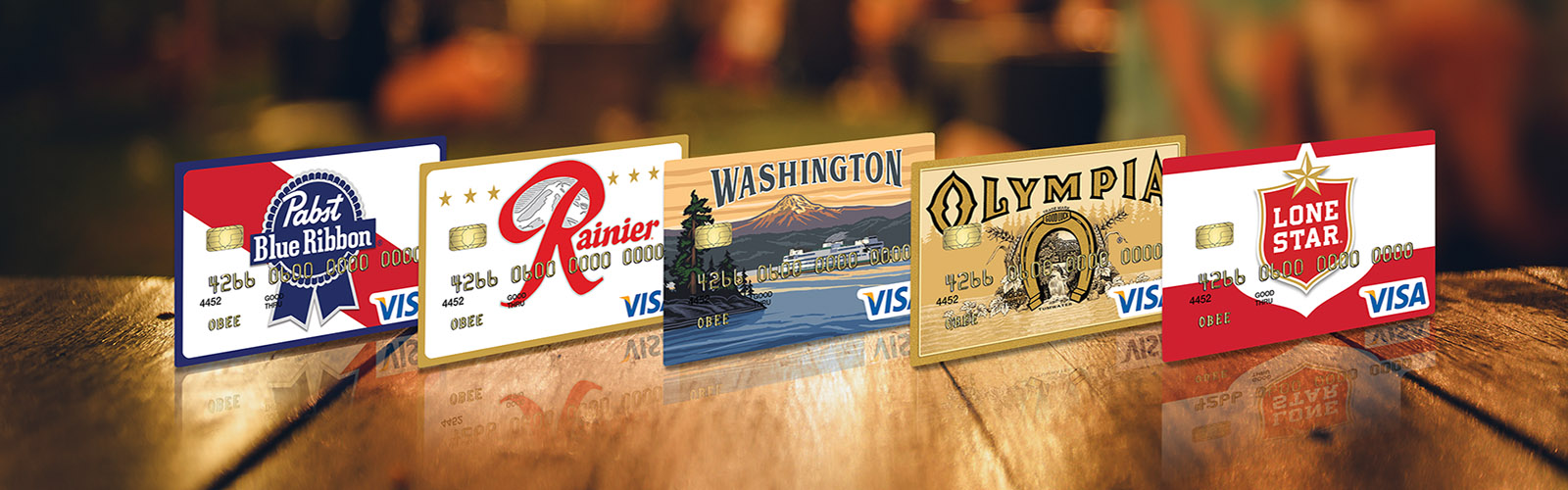 Credit cards with rewards and cash back. PBR Pabst Blue Ribbon visa card. Visa with Rainier beer logo. Washington state Visa card. Olympia Brewery Visa card. Lone Star Visa card.