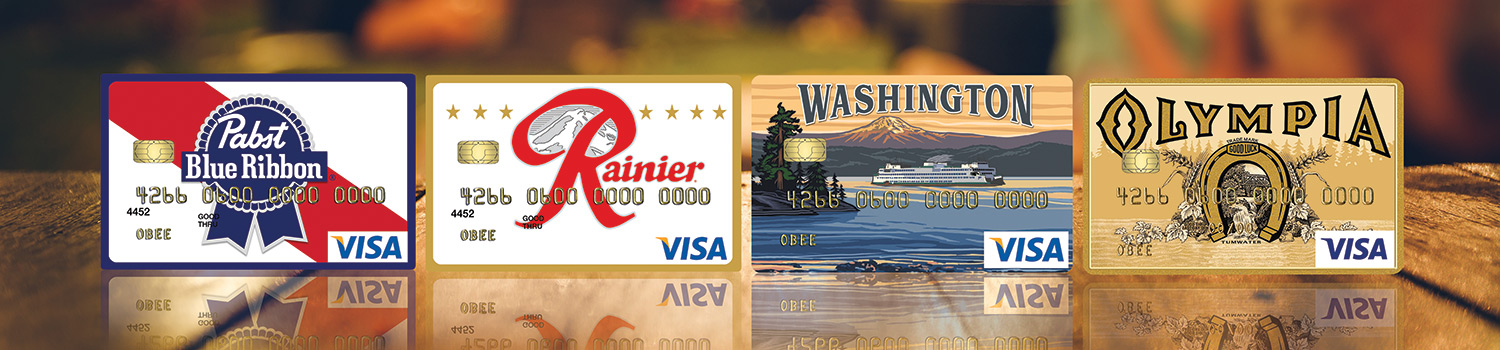 Business Credit Cards from O Bee Credit Union Pabst Blue Ribbon, Rainier Beer, Washington, Olympia Beer card designs