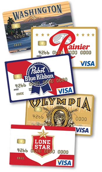 Credit cards with Washington state design, Rainier beer logo, pbr logo, Oympia brewery logo, lone star beer logo